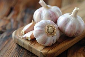 AI generated Garlic whole and sliced on a wooden table. Antibacterial, boosts immunity. photo