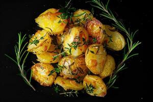 AI generated Crushed, smashed potatoes baked with rosemary and thyme. Black background. Top view. photo