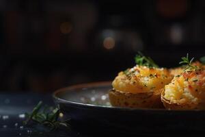 AI generated Crushed, smashed potatoes baked with rosemary and thyme. Black background. Top view. photo