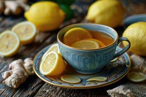 AI generated Cup of ginger tea with lemon on wooden table. photo