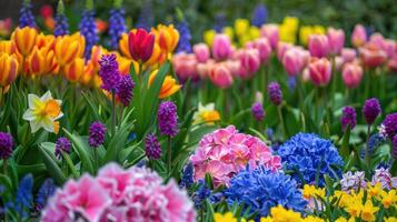 ai generado vistoso tulipanes, narciso, jacintos, lirio, hortensias, flores en primavera parque. foto