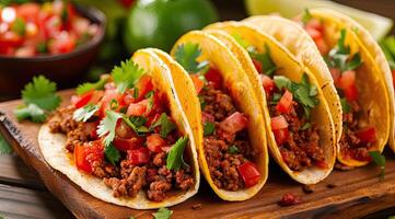 AI generated Mexican tacos with beef in tomato sauce and salsa. photo