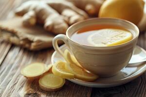 AI generated Cup of ginger tea with lemon on wooden table. photo