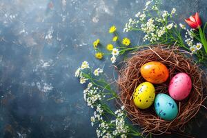 AI generated Colorful Easter eggs in nest and spring flowers on rustic table top view. Holiday card or banner. photo