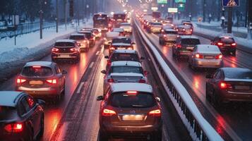 AI generated Modern cars are stuck in a traffic jam on a highway in winter. photo