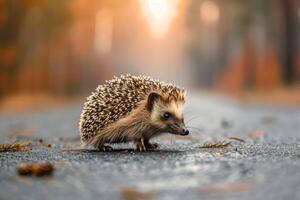 AI generated Hedgehog standing on the road near forest at early morning or evening time. Road hazards, wildlife and transport. - photo