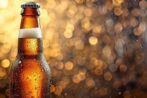 AI generated Beer advertisment background with copy space. A bottle of beer on a wooden background. photo