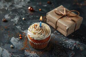 AI generated Cupcake with birthday candle and gift box. photo