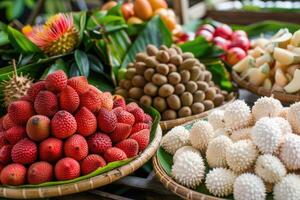 AI generated Assortment of tasty and fresh litchi exotic fruits. photo