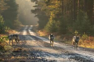 AI generated Wolfs standing on the road near forest at early morning or evening time. Road hazards, wildlife and transport. photo