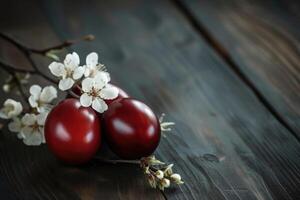 AI generated Easter dark red eggs and spring white flowers on dark wooden table. photo