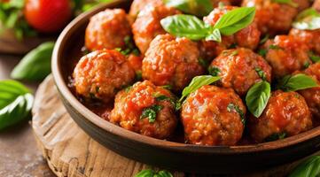 AI generated Delicious homemade chicken or turkey meatballs with rice, vegetable and tomato sauce. photo