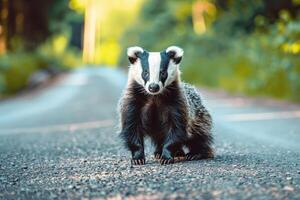 ai generado tejón en pie en el la carretera cerca bosque a temprano Mañana o noche tiempo. la carretera peligros, fauna silvestre y transporte. foto