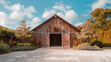 AI generated Brown barn on farm landscape photo