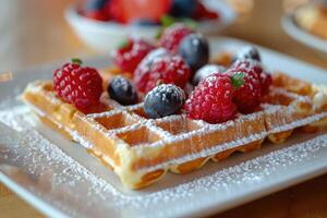 AI generated Waffles with strawberries sprinkled with sugar powder. photo