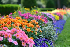 AI generated Multi-colored flower bed in the park. Outdoor summer gardening. photo