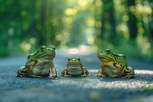 AI generated Frogs standing on the road near forest at early morning or evening time. Road hazards, wildlife and transport. photo