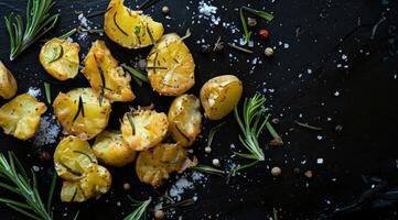 AI generated Crushed, smashed potatoes baked with rosemary and thyme. Black background. Top view. photo