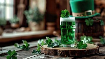 AI generated Celebrating Saint Patricks day in Ireland with a glass of green beer. St Patricks day background. photo