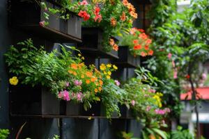 ai generado vistoso flores creciente en cajas colgando en balcón cerca foto