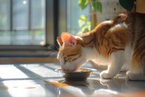 ai generado de cerca de gato comiendo seco comida desde bol. foto