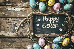 AI generated Happy Easter text with beautiful colorful eggs over rustic wood. photo