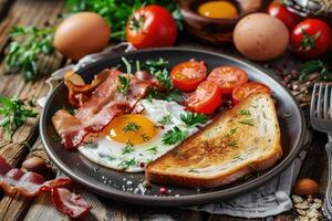 AI generated English breakfast - toast, egg, bacon and vegetables in a rustic style on wooden table. photo