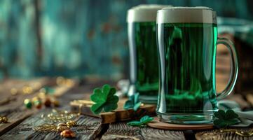 AI generated Celebrating Saint Patricks day in Ireland with a glass of green beer. St Patricks day background. photo