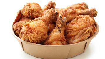 AI generated Collection of golden brown and crispy roasted Fried chicken served on a brown paper bucket isoalted on white background. photo