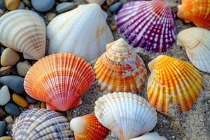 AI generated Collection of various colorful seashells on sand. photo