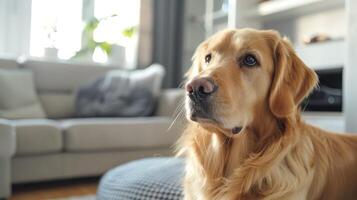 AI generated Front view of dog sitting in home looking at camera. photo