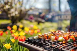 AI generated First spring bbq in a yard with skewers and vegetables on a barbecue next to blooming flowers photo