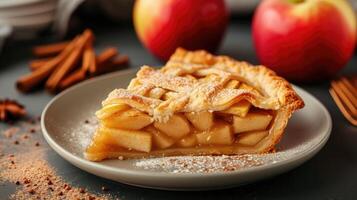 ai generado plato con un rebanada de horneado manzana tarta. foto