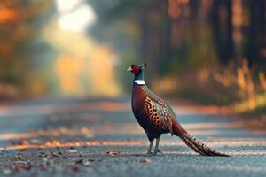 AI generated Pheasant standing on the road near forest at early morning or evening time. Road hazards, wildlife and transport. photo