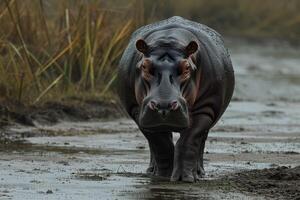 AI generated Hippo walking through in the warm morning light photo