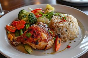 AI generated Roasted chicken with a side of rice and vegetables. Asian cuisine photo