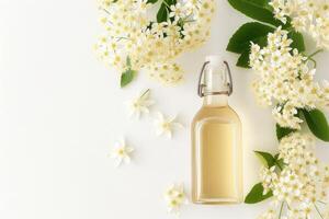AI generated Elderflower syrup in a glass bottle without label top view on white background. photo