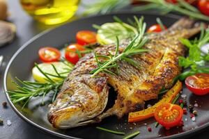 AI generated Fried fish on plate with vegetables photo