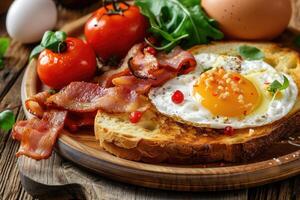 AI generated English breakfast - toast, egg, bacon and vegetables in a rustic style on wooden table. photo
