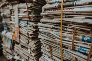 AI generated Closeup shot of several newspapers stacked on top of each other. photo