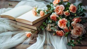 ai generado Boda foto álbum con flor en un de madera antecedentes