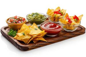 AI generated Triangular nachos corn chips with various sauces in small glass bowls on wooden tray photo