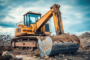 AI generated Heavy construction hydraulic equipment during earthmoving works. photo