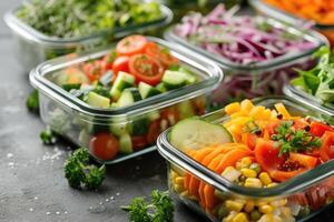 AI generated Healthy vegan dishes in glass containers with fresh raw vegetables. photo