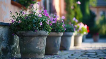 AI generated Decorative flowers in cement pots. photo