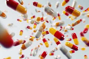 AI generated A group of antibiotic pill capsules falling. photo