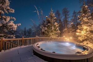 AI generated The warm hot tub invites you to relax in the beautiful winter landscape under the stars. photo