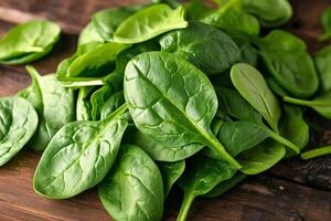 AI generated Fresh spinach leaves on rustic wooden table photo