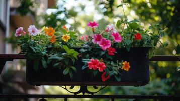 ai generado vistoso flores creciente en cajas colgando en balcón cerca foto