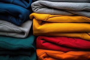 AI generated Pile of knitted sweaters as background, closeup view photo